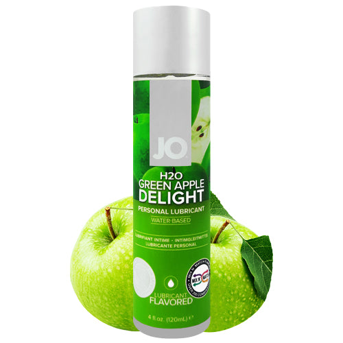 System JO H2O Green Apple lubricant bottle with a vibrant green apple design, showcasing its water-based and flavored formula.