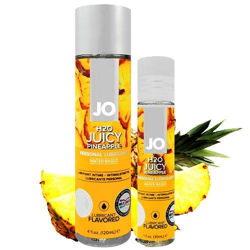 System JO H2O Juicy Pineapple water-based lubricant bottle with a vibrant pineapple design, showcasing its fruity flavor.