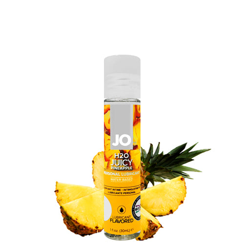 System JO H2O Juicy Pineapple water-based lubricant bottle with a vibrant pineapple design, showcasing its fruity flavor.