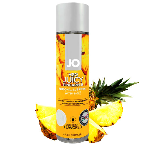 System JO H2O Juicy Pineapple water-based lubricant bottle with a vibrant pineapple design, showcasing its fruity flavor.