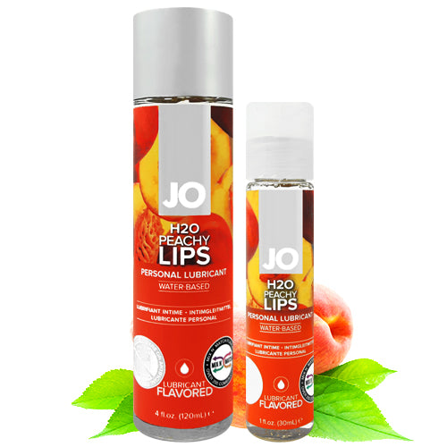 System JO H2O Peachy Lips water-based lubricant bottle with peach flavor, designed for enhanced intimacy and pleasure.