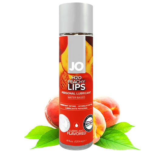 System JO H2O Peachy Lips water-based lubricant bottle with peach flavor, designed for enhanced intimacy and pleasure.