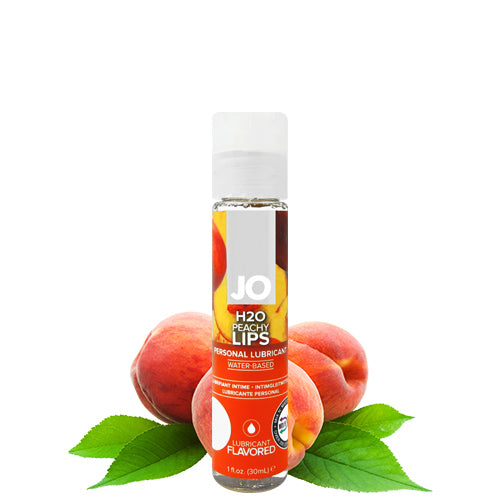 System JO H2O Peachy Lips water-based lubricant bottle with peach flavor, designed for enhanced intimacy and pleasure.