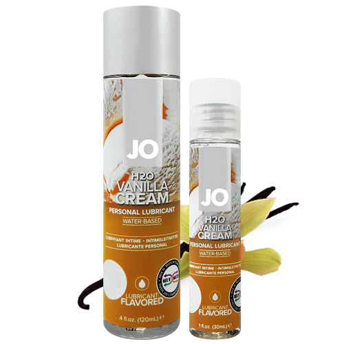 System JO H2O Vanilla Cream lubricant bottle with a vanilla flavor label, showcasing its clear, non-greasy texture.