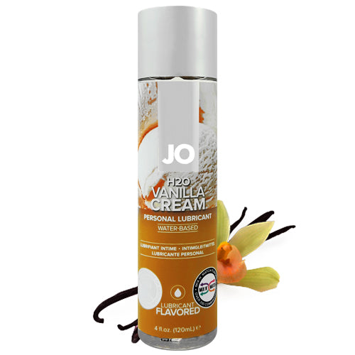 System JO H2O Vanilla Cream lubricant bottle with a vanilla flavor label, showcasing its clear, non-greasy texture.