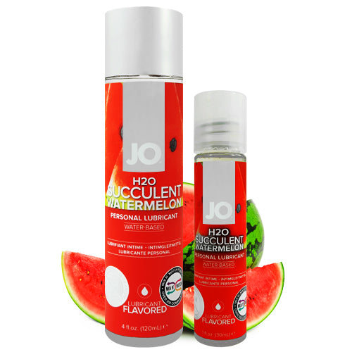 Bottle of System JO H2O Watermelon flavored lubricant, showcasing its clear, non-greasy texture and vibrant packaging.