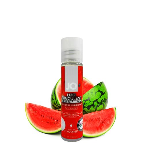 Bottle of System JO H2O Watermelon flavored lubricant, showcasing its clear, non-greasy texture and vibrant packaging.