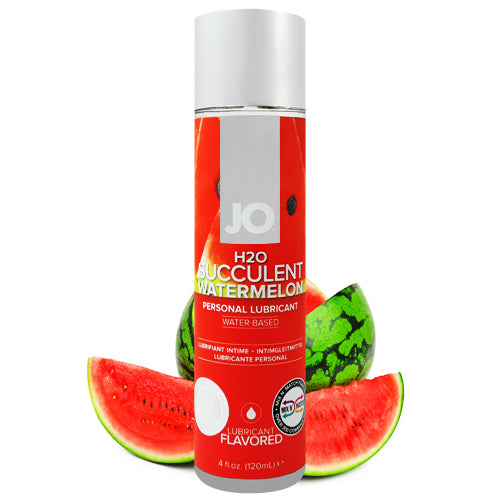 Bottle of System JO H2O Watermelon flavored lubricant, showcasing its clear, non-greasy texture and vibrant packaging.