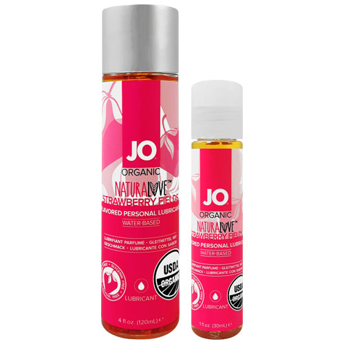 System JO Naturalove Organic Strawberry personal lubricant bottle with a vibrant strawberry design, showcasing its organic certification.