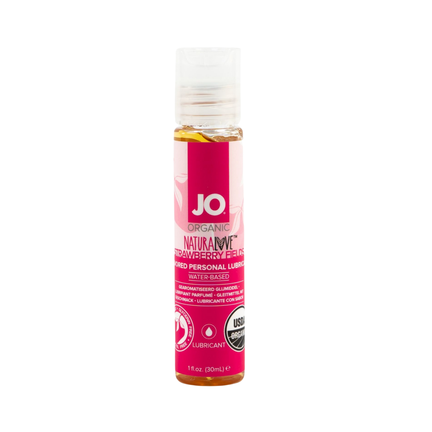 System JO Naturalove Organic Strawberry personal lubricant bottle with a vibrant strawberry design, showcasing its organic certification.