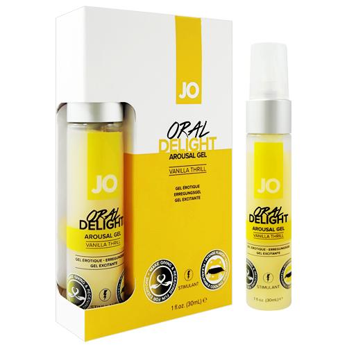 System JO Vanilla Delight Arousal Gel 30 ml bottle with a sleek design, featuring a vanilla flavor label, perfect for enhancing intimate pleasure.