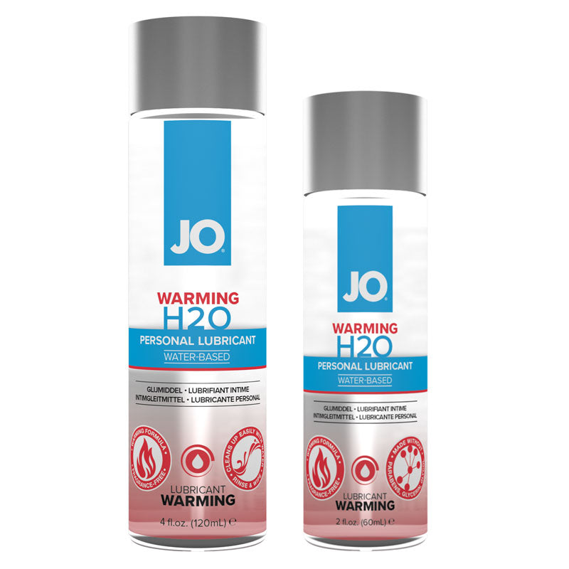 Bottle of System JO Warming H2O water-based lubricant with a sleek design, showcasing its warming properties for enhanced intimacy.