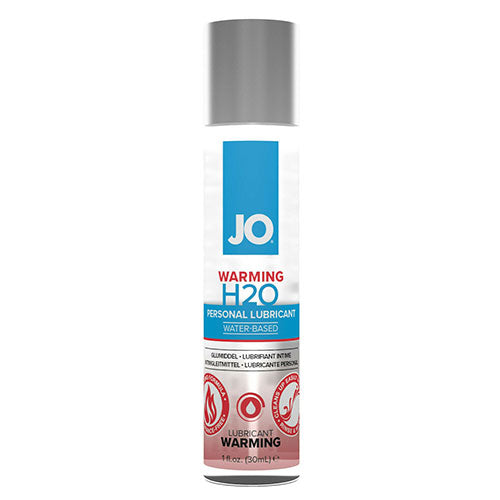 Bottle of System JO Warming H2O water-based lubricant with a sleek design, showcasing its warming properties for enhanced intimacy.