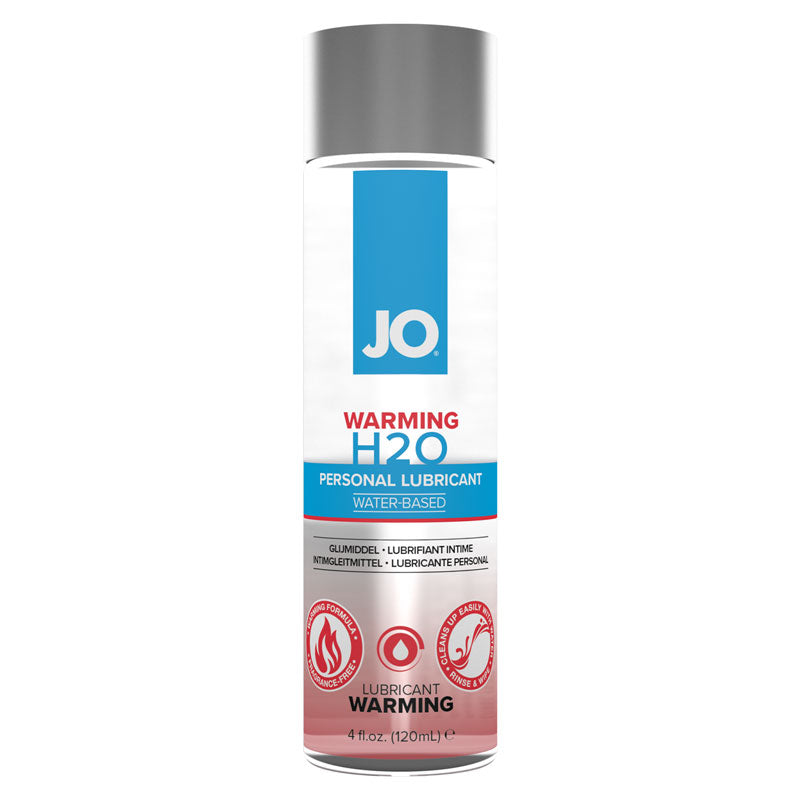 Bottle of System JO Warming H2O water-based lubricant with a sleek design, showcasing its warming properties for enhanced intimacy.