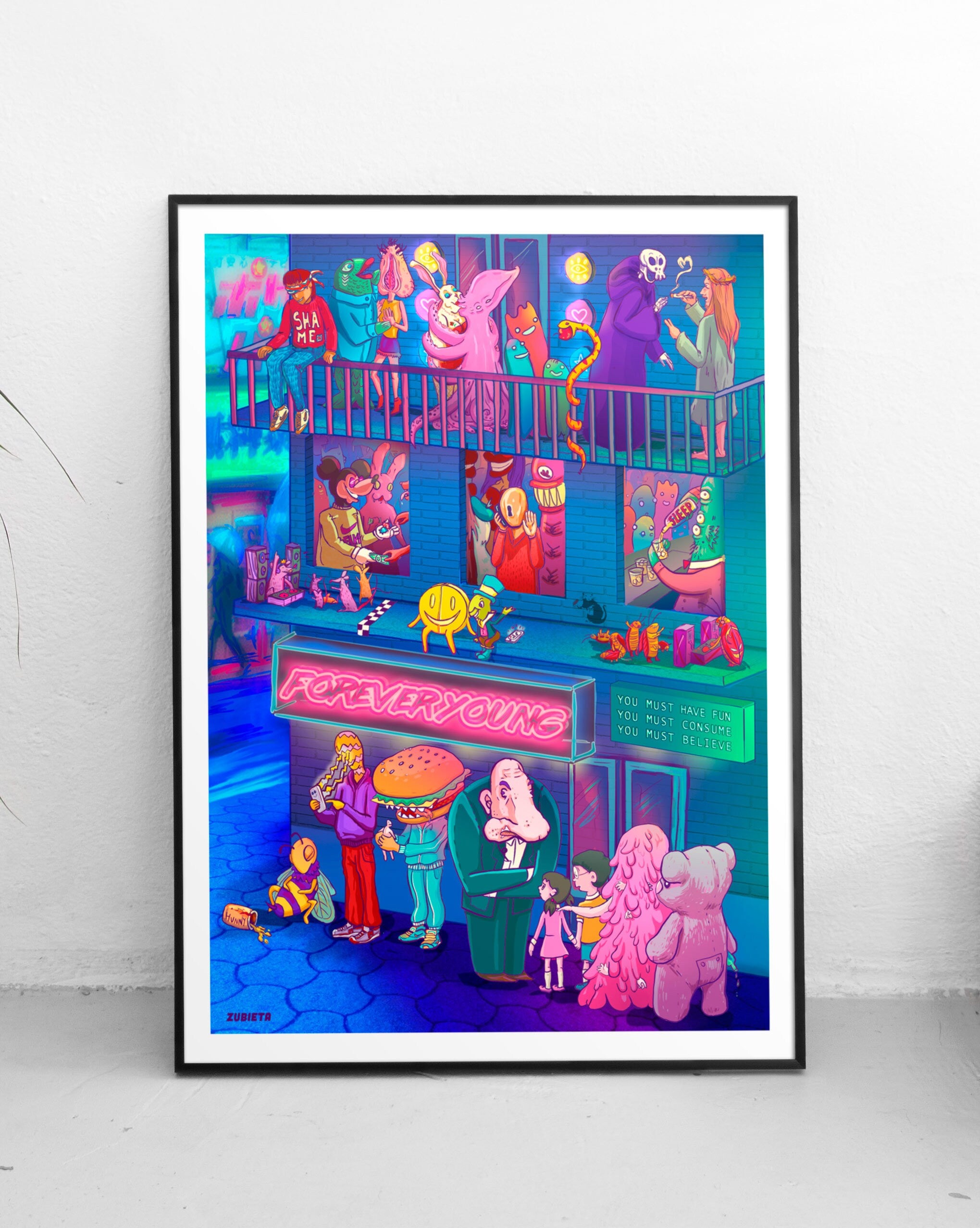 The Club gicleé fine art print featuring vibrant colors and clubbing culture design, hand-signed with a white margin.