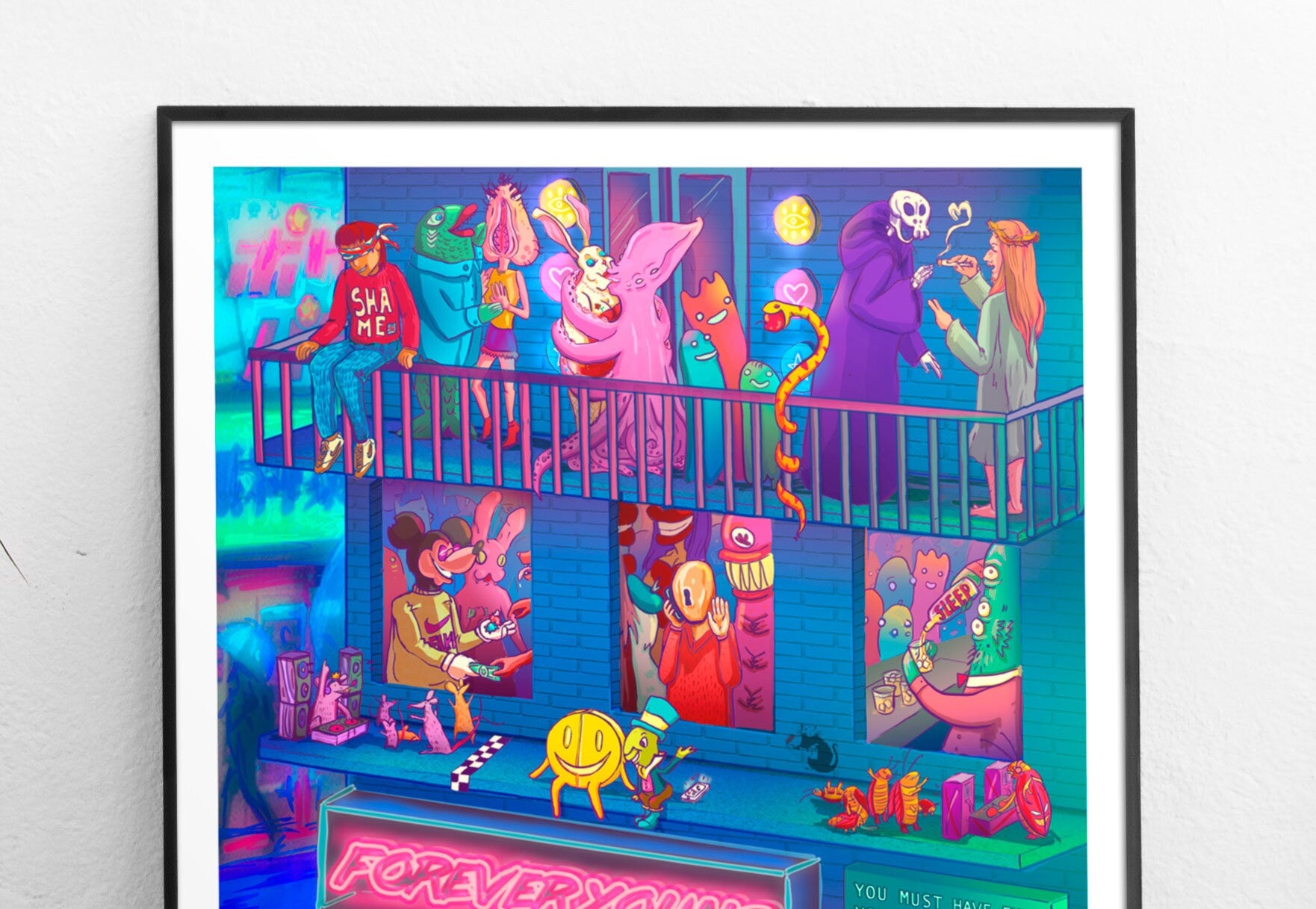 The Club gicleé fine art print featuring vibrant colors and clubbing culture design, hand-signed with a white margin.