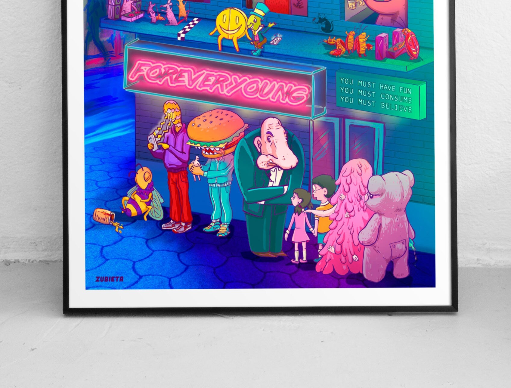 The Club gicleé fine art print featuring vibrant colors and clubbing culture design, hand-signed with a white margin.