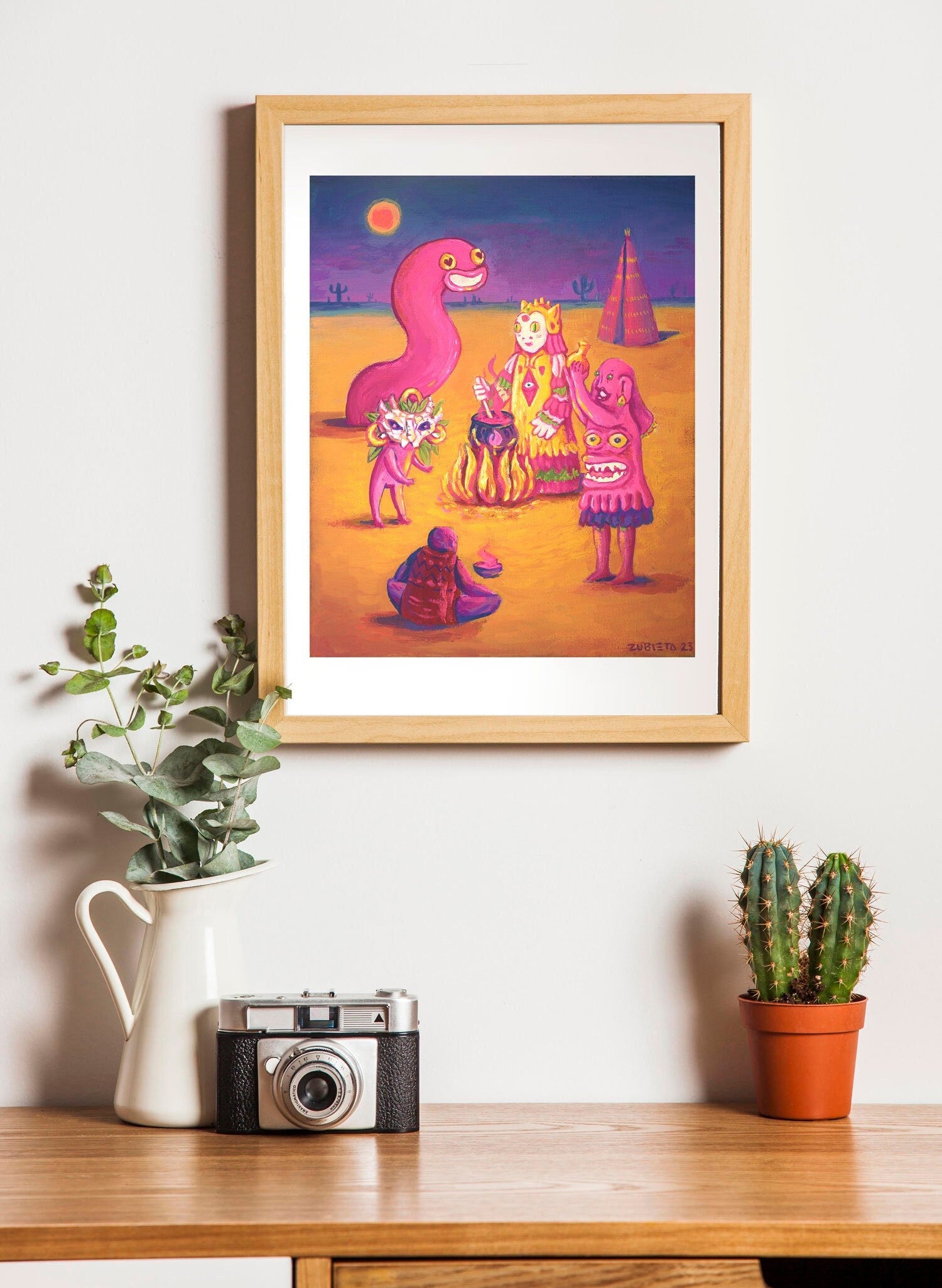 A mystical 30x26 cm painting titled 'The Coven', showcasing vibrant colors and intricate details, inspired by a South American desert ritual.