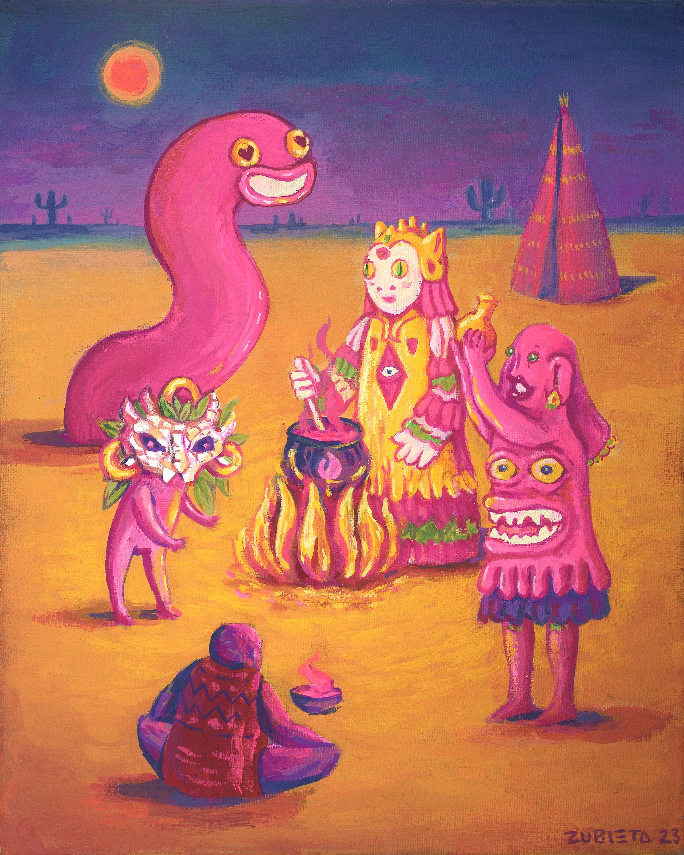 A mystical 30x26 cm painting titled 'The Coven', showcasing vibrant colors and intricate details, inspired by a South American desert ritual.