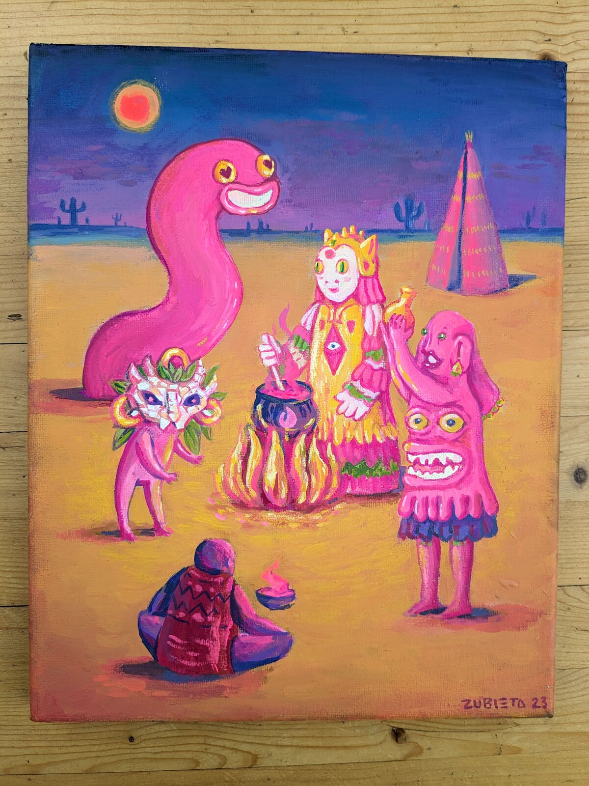 A mystical 30x26 cm painting titled 'The Coven', showcasing vibrant colors and intricate details, inspired by a South American desert ritual.