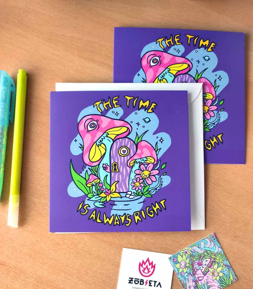 A vibrant psychedelic greeting card titled 'The Time Is Always Right', featuring colorful digital art, a square envelope, and a sticker.