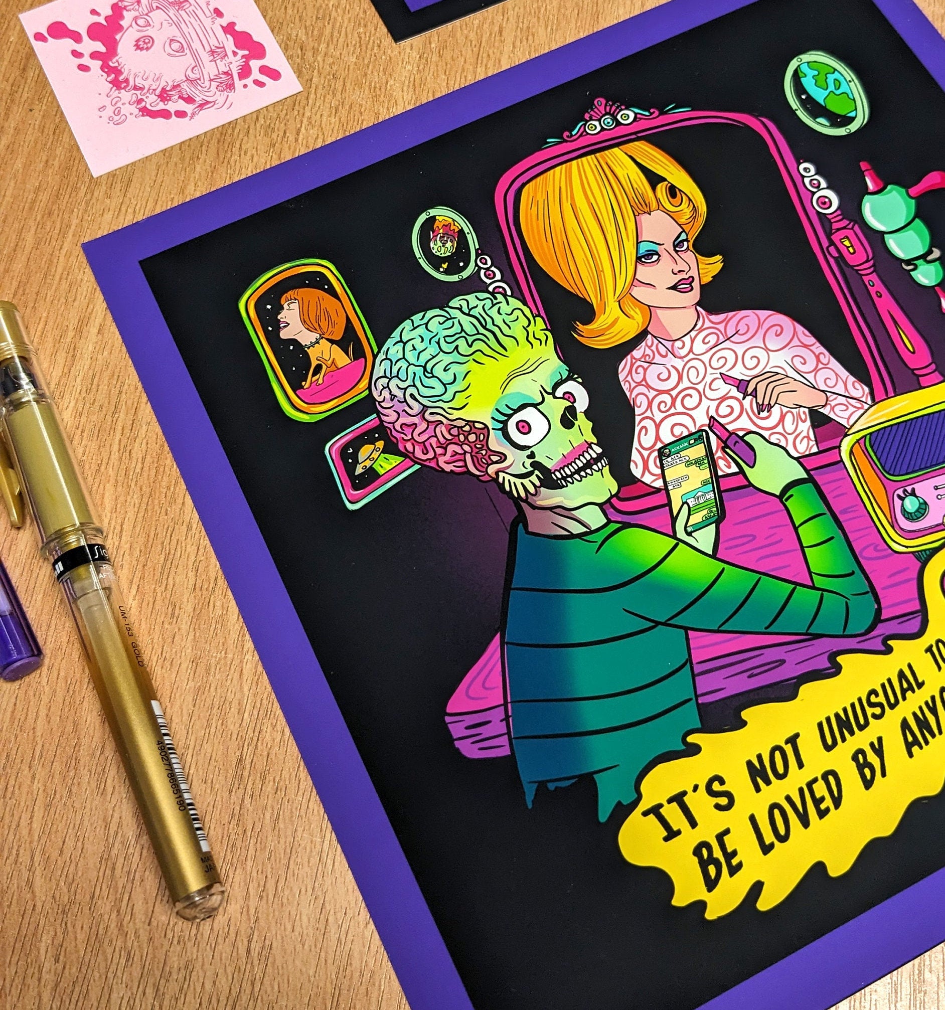 Tribute To Mars Attack fine art print featuring vibrant colors and a unique design inspired by the 90s horror film, with a white margin and handwritten details.