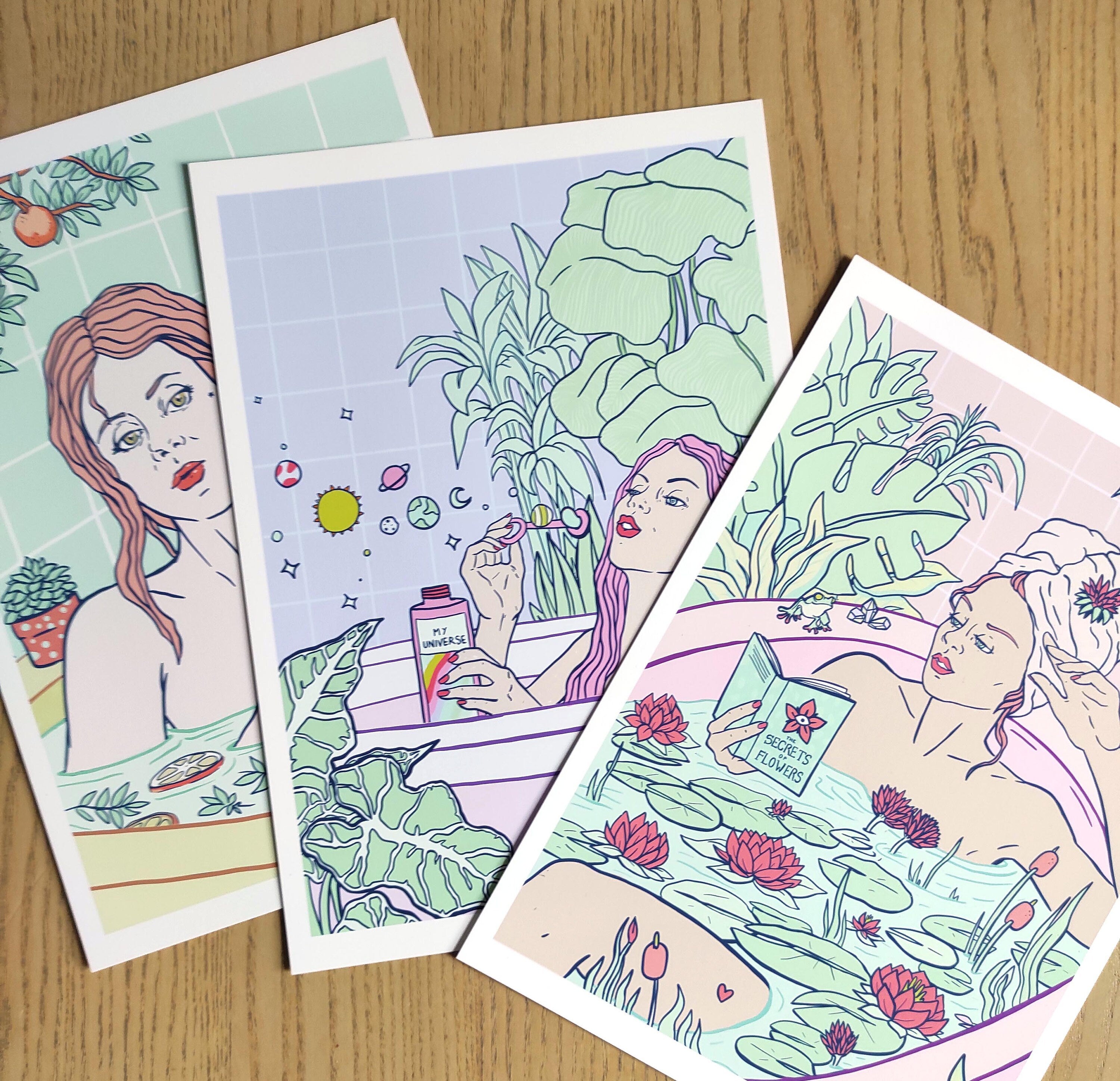 Triptych Bath Time Self Care Series featuring three art prints celebrating womanhood and self-care, hand-signed and limited edition.