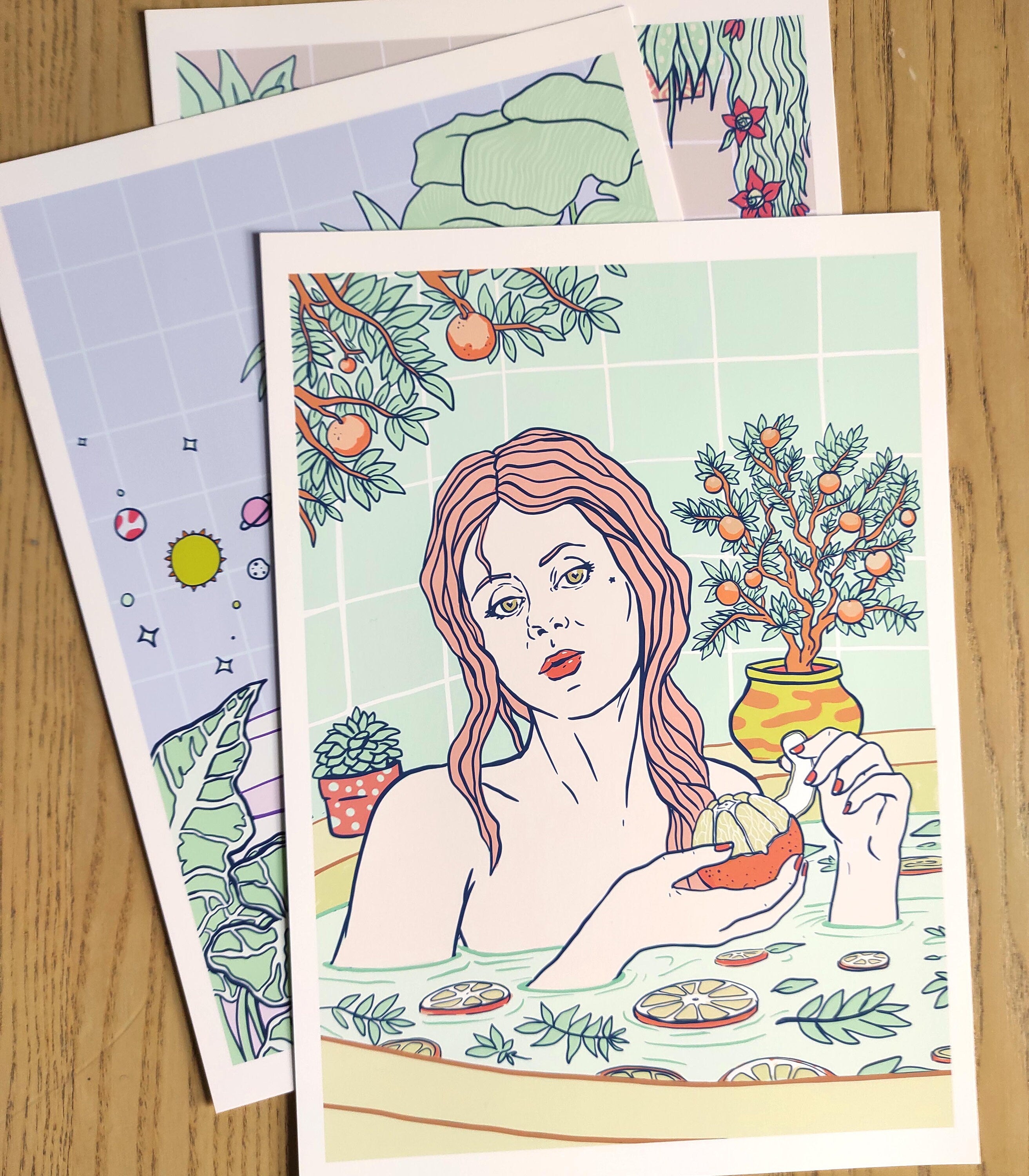 Triptych Bath Time Self Care Series featuring three art prints celebrating womanhood and self-care, hand-signed and limited edition.