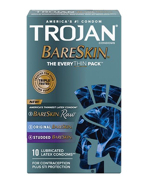 Trojan BareSkin EveryTHIN condoms in a sleek packaging, showcasing their ultra-thin design and silky smooth lubricant.