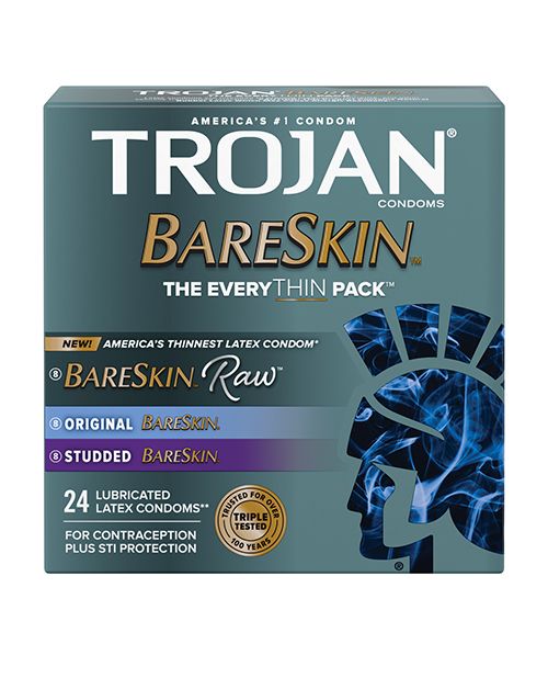 Trojan BareSkin EveryTHIN Box featuring ultra-thin condoms for enhanced intimacy, showcasing the product packaging and design.