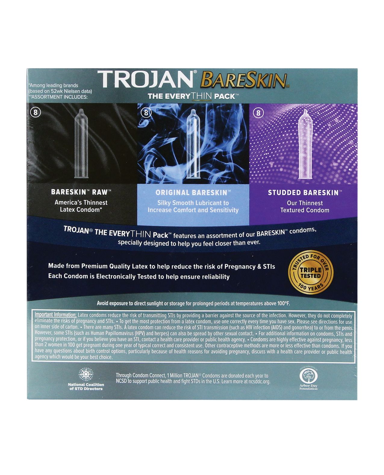 Trojan BareSkin EveryTHIN Box featuring ultra-thin condoms for enhanced intimacy, showcasing the product packaging and design.