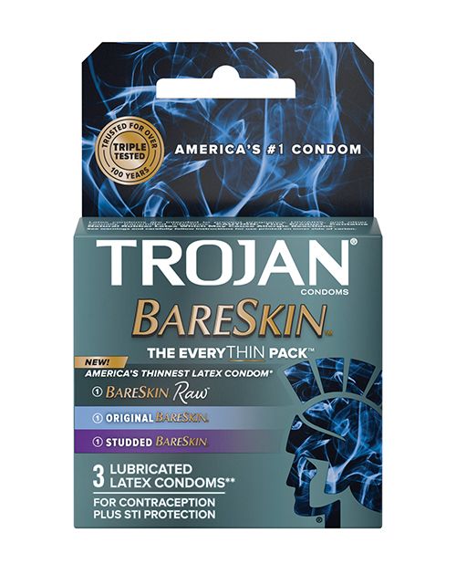 Trojan BareSkin EveryTHIN condoms in a sleek packaging, showcasing their ultra-thin design and smooth texture.