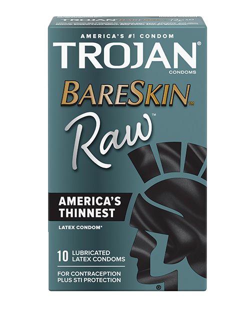 Trojan BareSkin Raw Box of 10 ultra-thin latex condoms, designed for maximum sensitivity and pleasure.