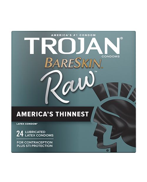 Trojan BareSkin Raw Box 24 featuring ultra-thin latex condoms designed for maximum sensitivity and pleasure.