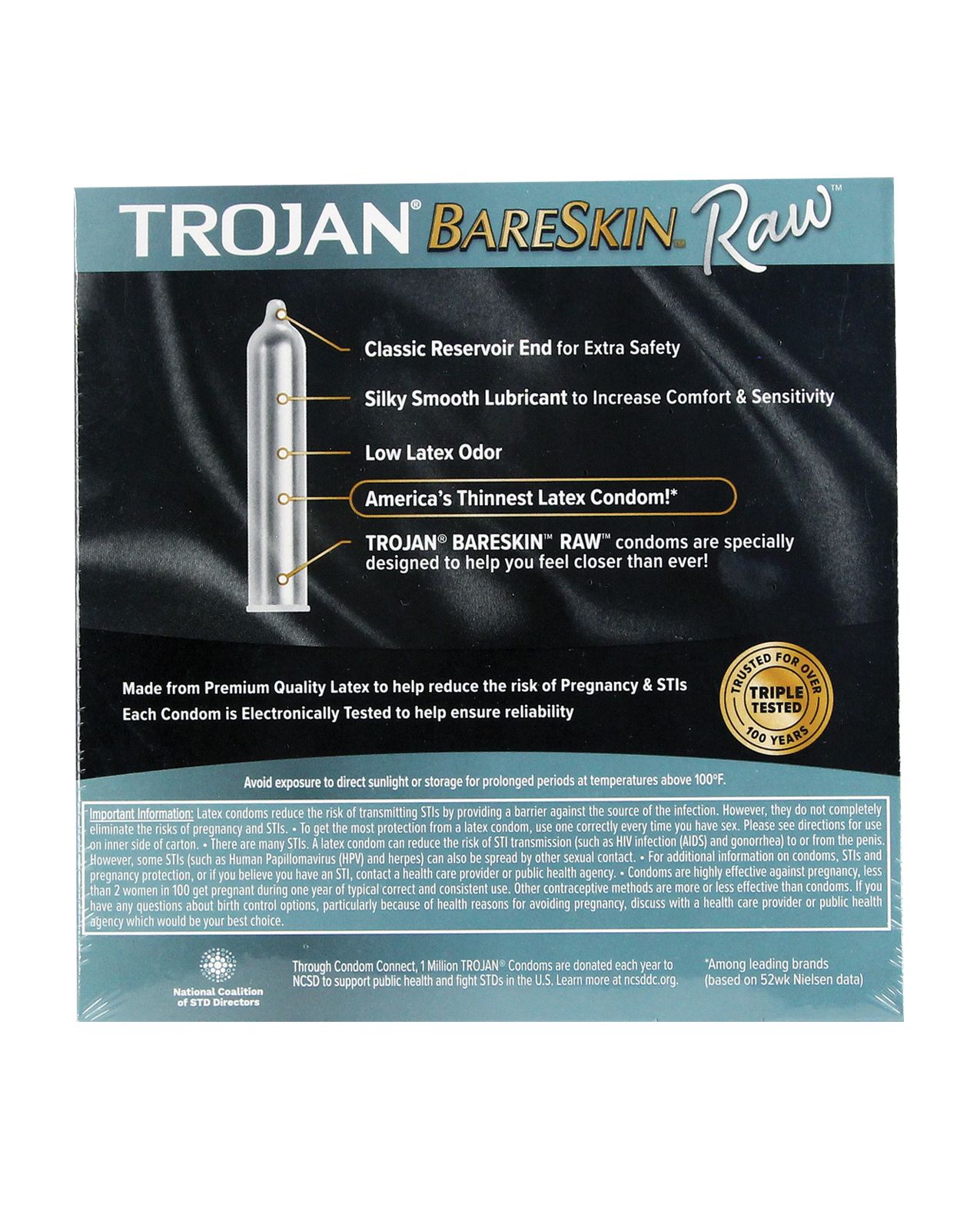 Trojan BareSkin Raw Box 24 featuring ultra-thin latex condoms designed for maximum sensitivity and pleasure.