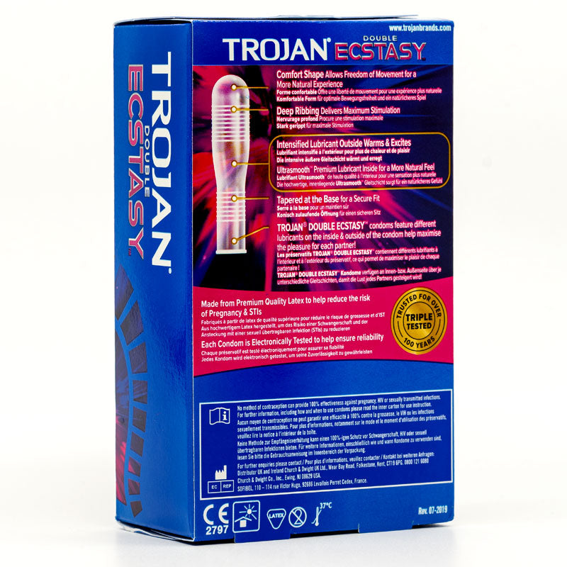 Trojan Double Ecstasy Box of 10 condoms featuring a sleek design with ridges for enhanced pleasure and lubrication for a natural feel.