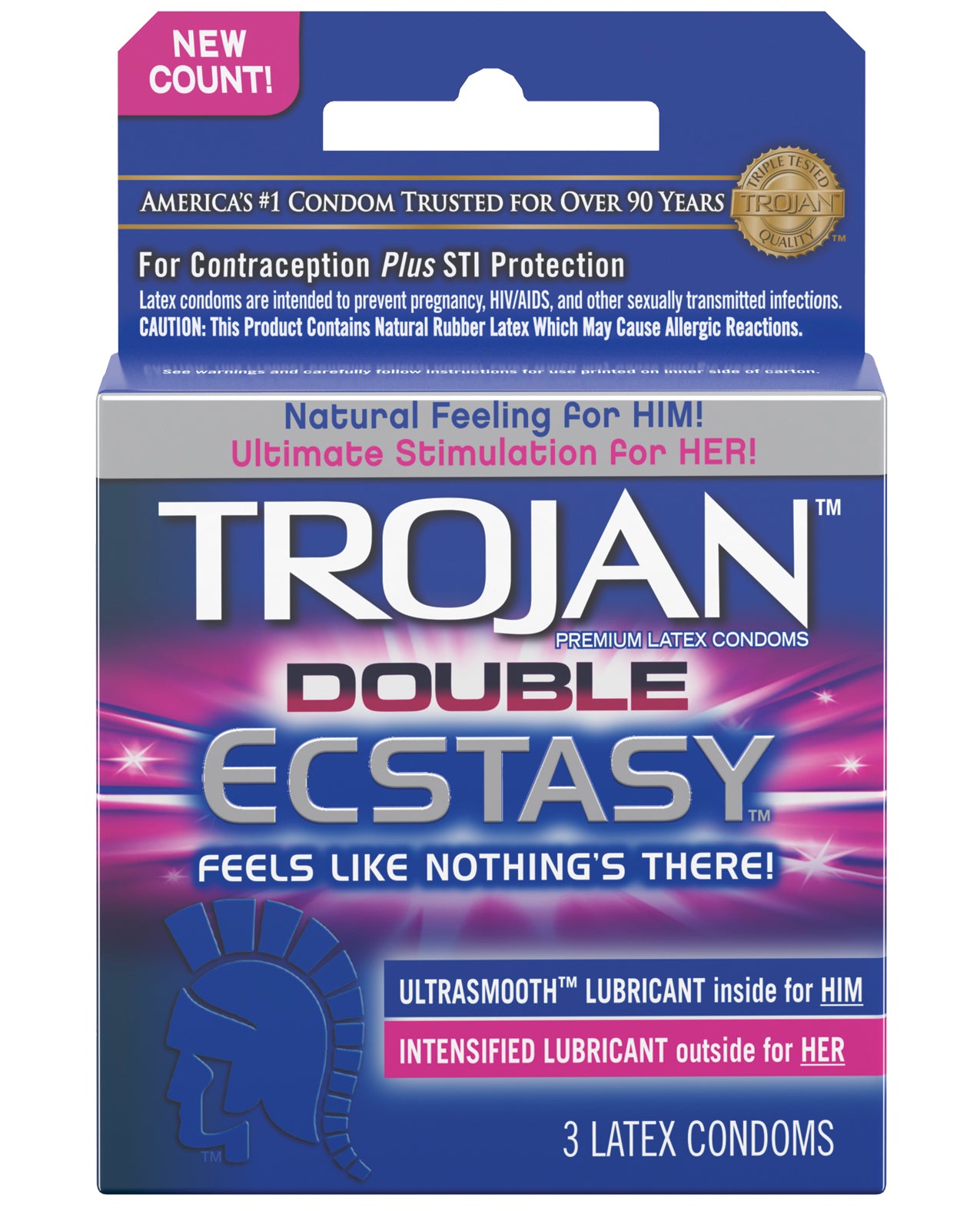 Trojan Double Ecstasy Box 3 condoms featuring a sleek design with ridges for enhanced pleasure and lubrication for a natural feel.