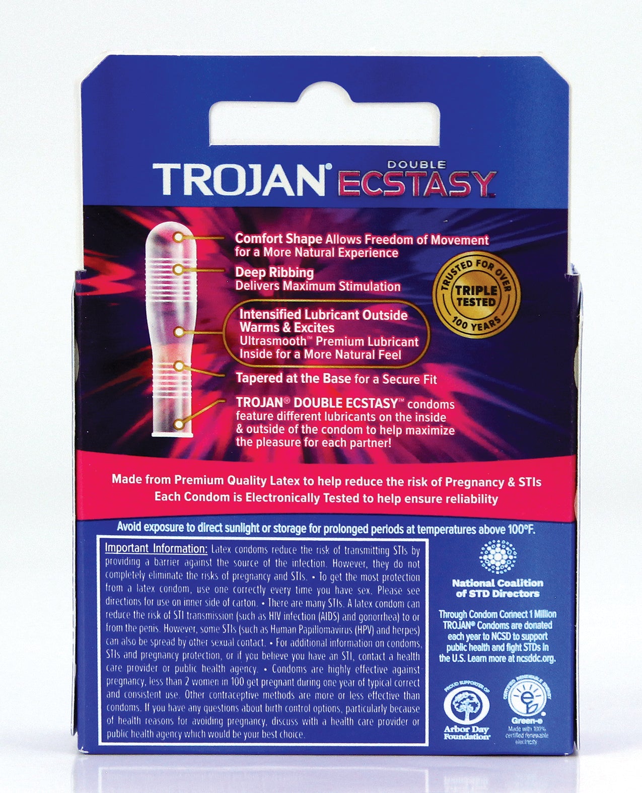 Trojan Double Ecstasy Box 3 condoms featuring a sleek design with ridges for enhanced pleasure and lubrication for a natural feel.