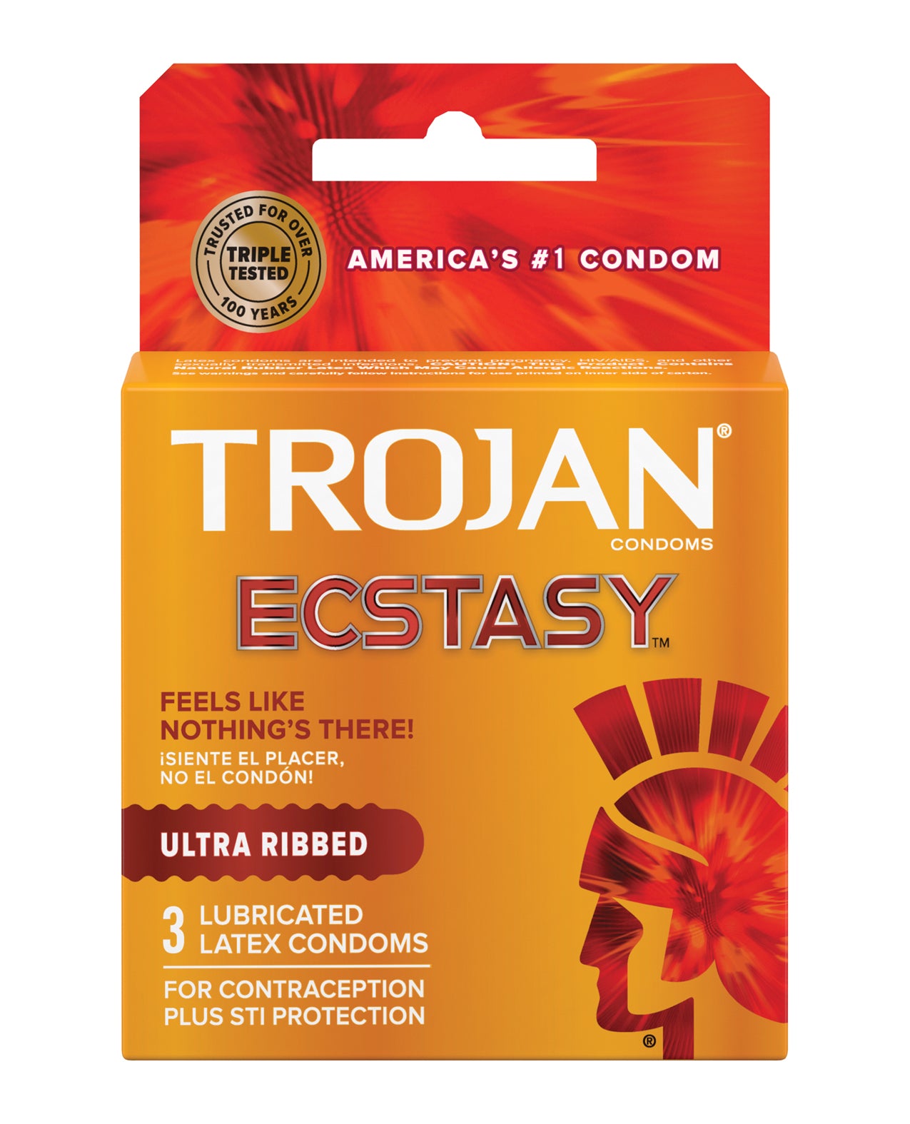 Trojan Ecstasy Ultra Ribbed Box of 3 condoms, featuring a sleek design and ribbed texture for enhanced pleasure.