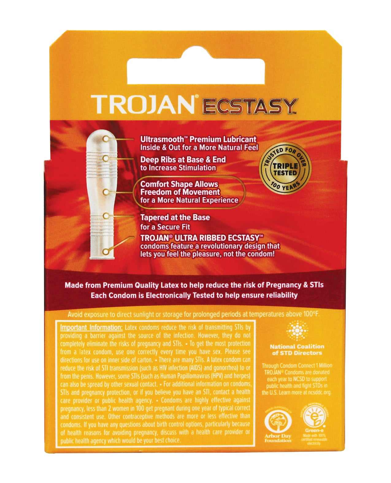 Trojan Ecstasy Ultra Ribbed Box of 3 condoms, featuring a sleek design and ribbed texture for enhanced pleasure.