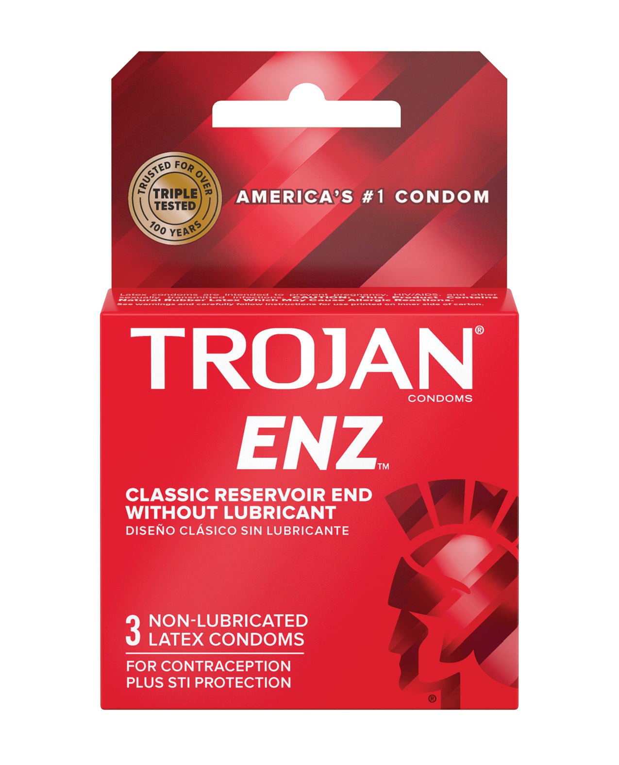 Trojan Enz Non-Lubricated condoms in a box, showcasing their straight-sided shape and ultra-smooth texture.