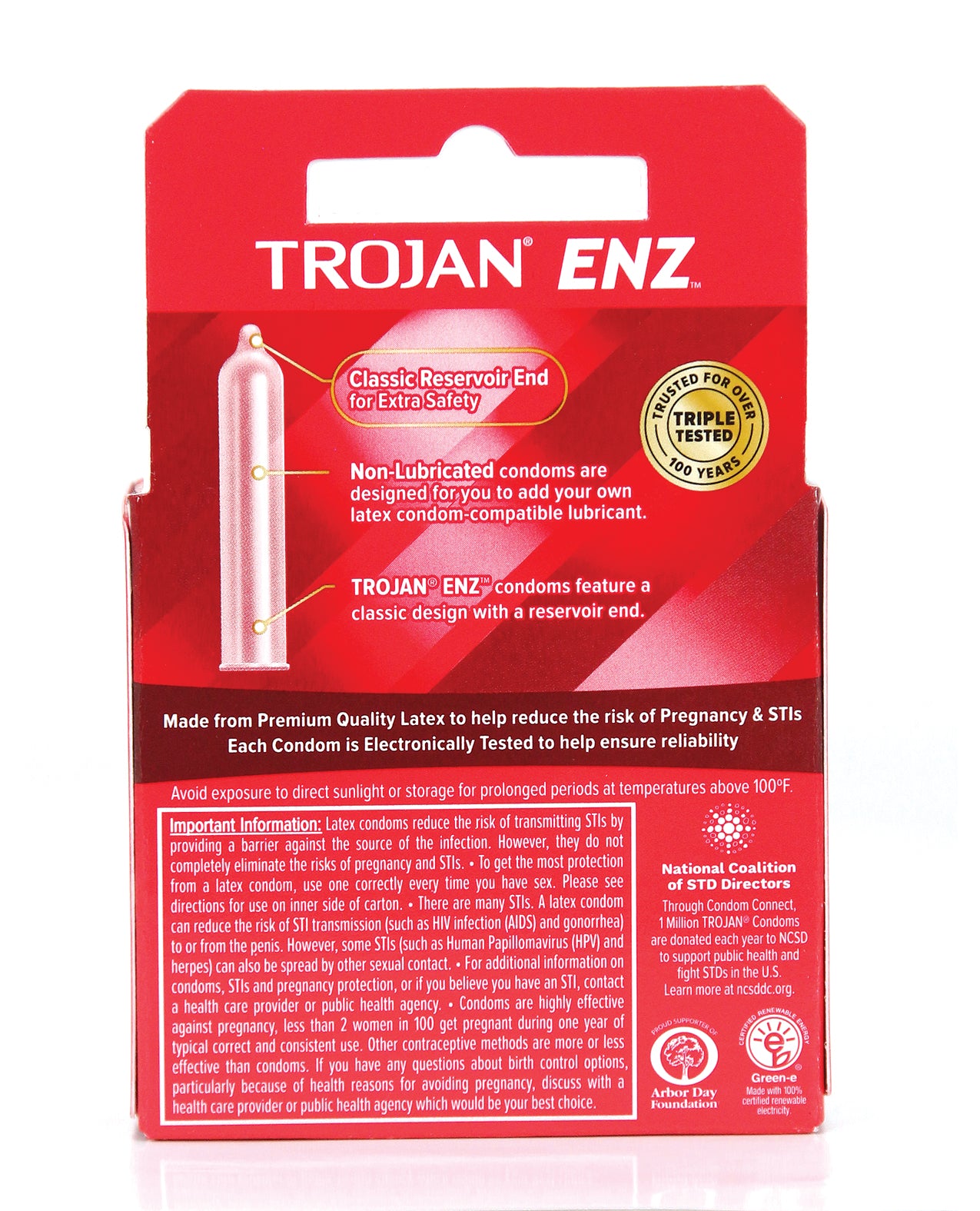 Trojan Enz Non-Lubricated condoms in a box, showcasing their straight-sided shape and ultra-smooth texture.