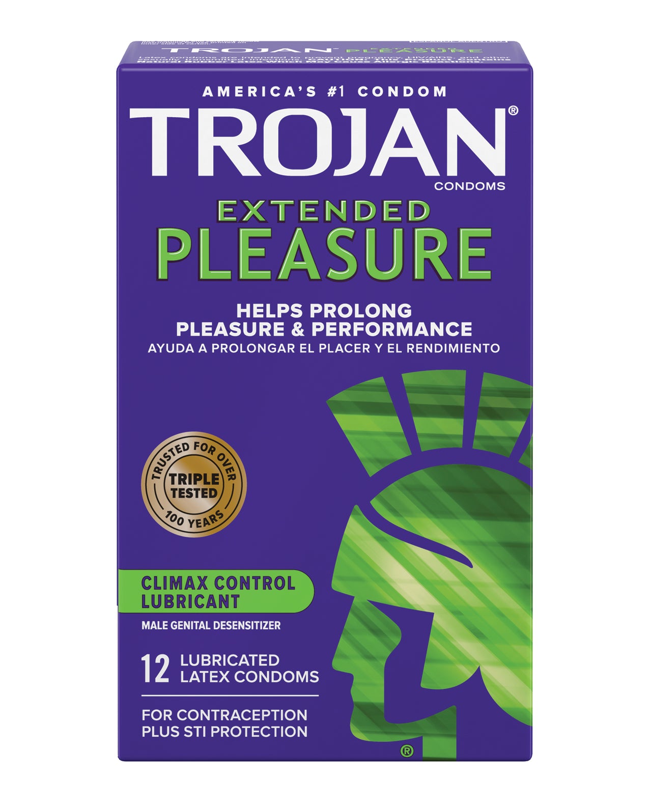 Trojan Extended Pleasure Box 12 condoms with Climax Control Lubricant for enhanced pleasure and protection.