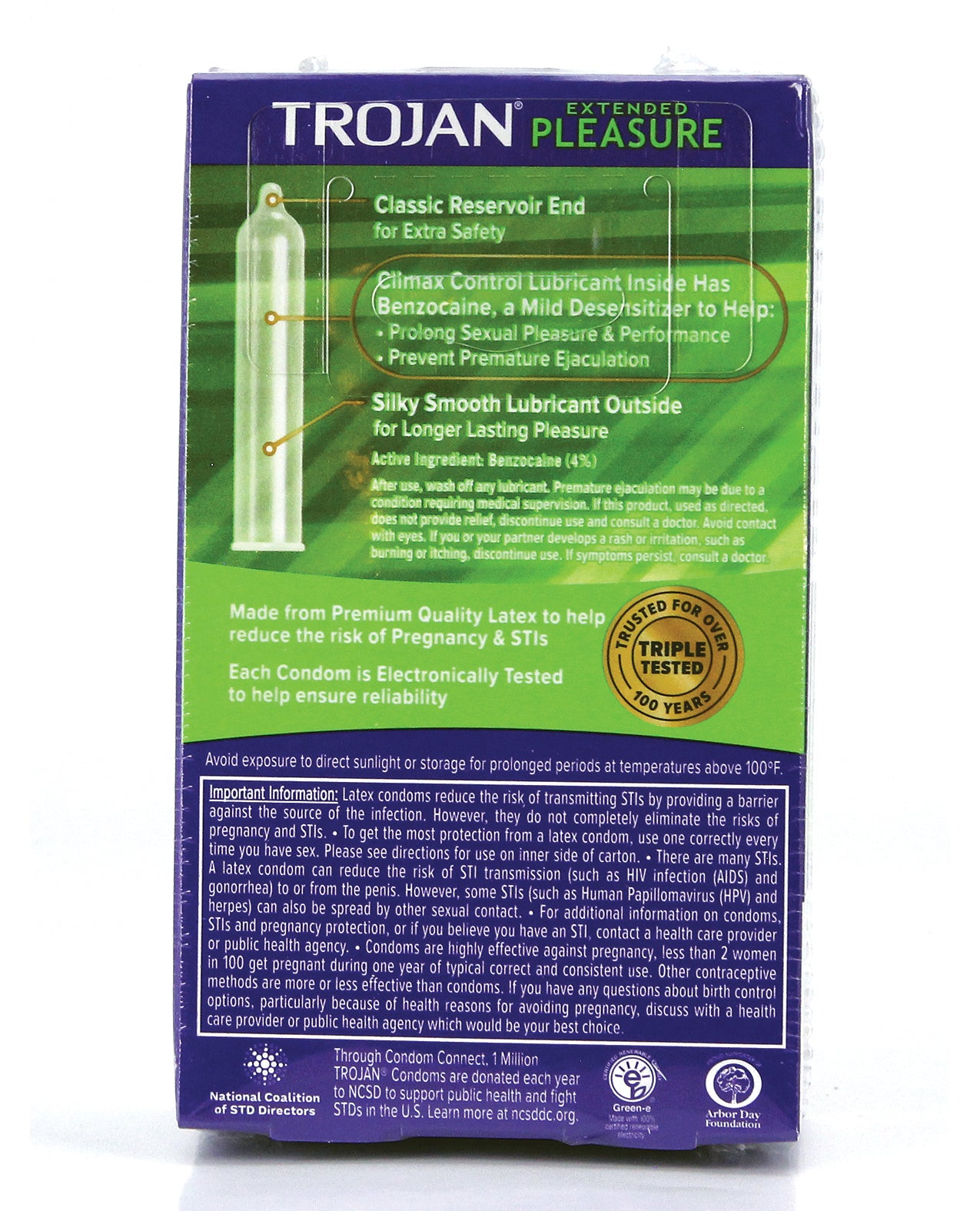 Trojan Extended Pleasure Box 12 condoms with Climax Control Lubricant for enhanced pleasure and protection.