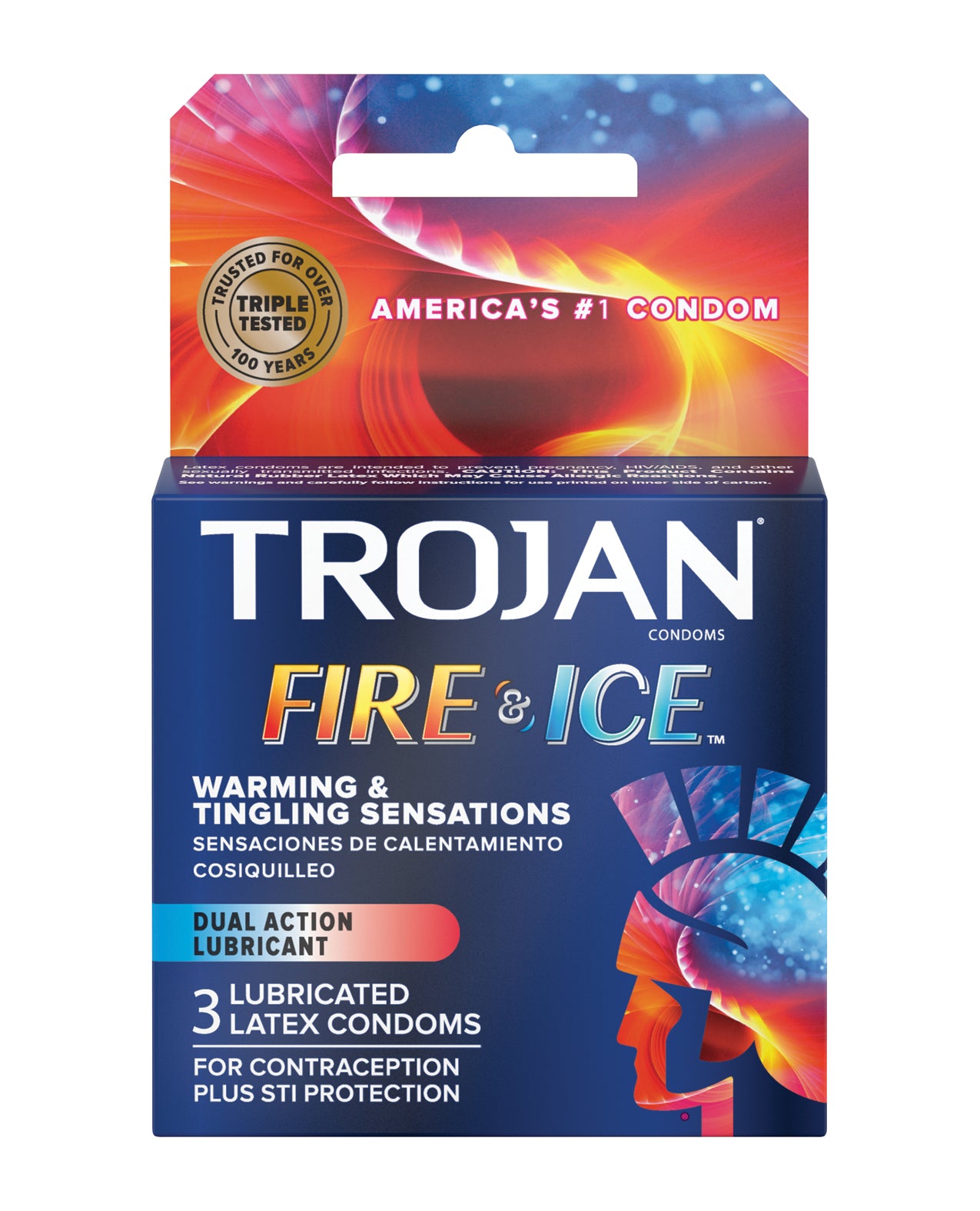 Trojan Fire & Ice Box 3 condoms featuring warming and cooling sensations for enhanced intimacy, packaged in a sleek box.