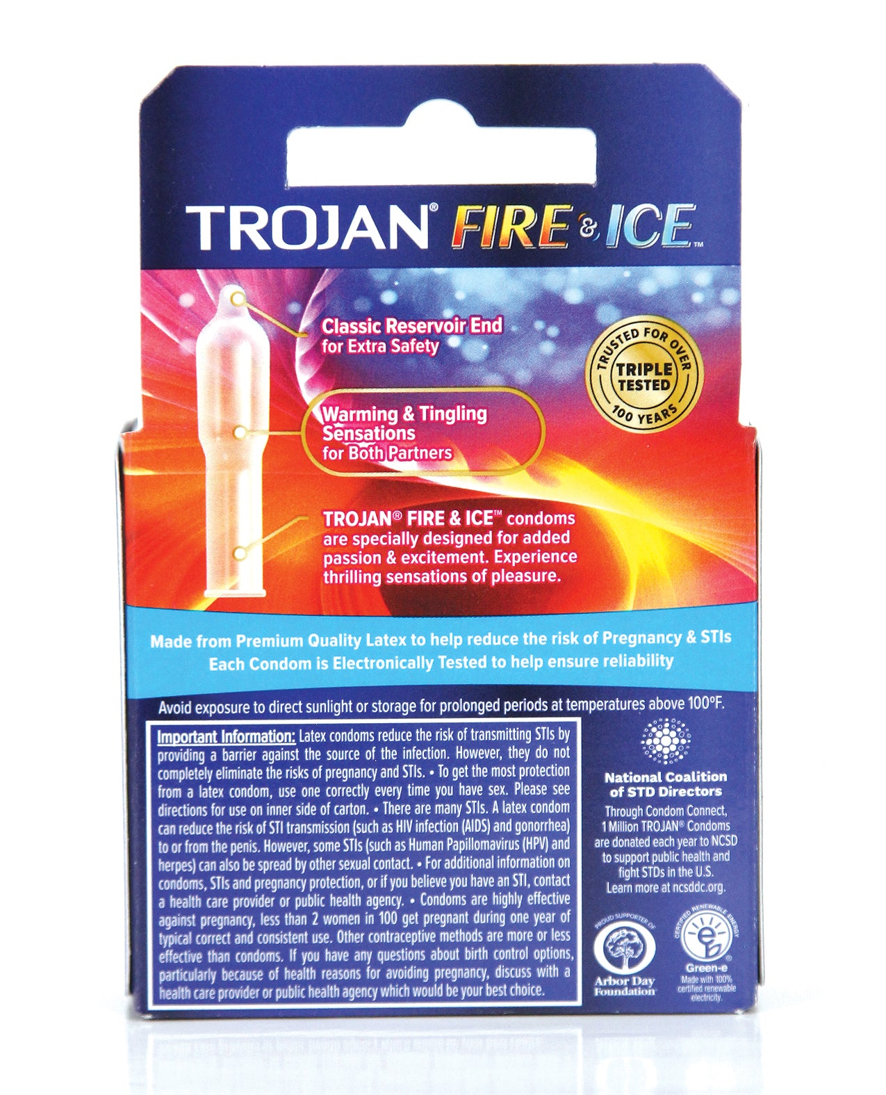 Trojan Fire & Ice Box 3 condoms featuring warming and cooling sensations for enhanced intimacy, packaged in a sleek box.