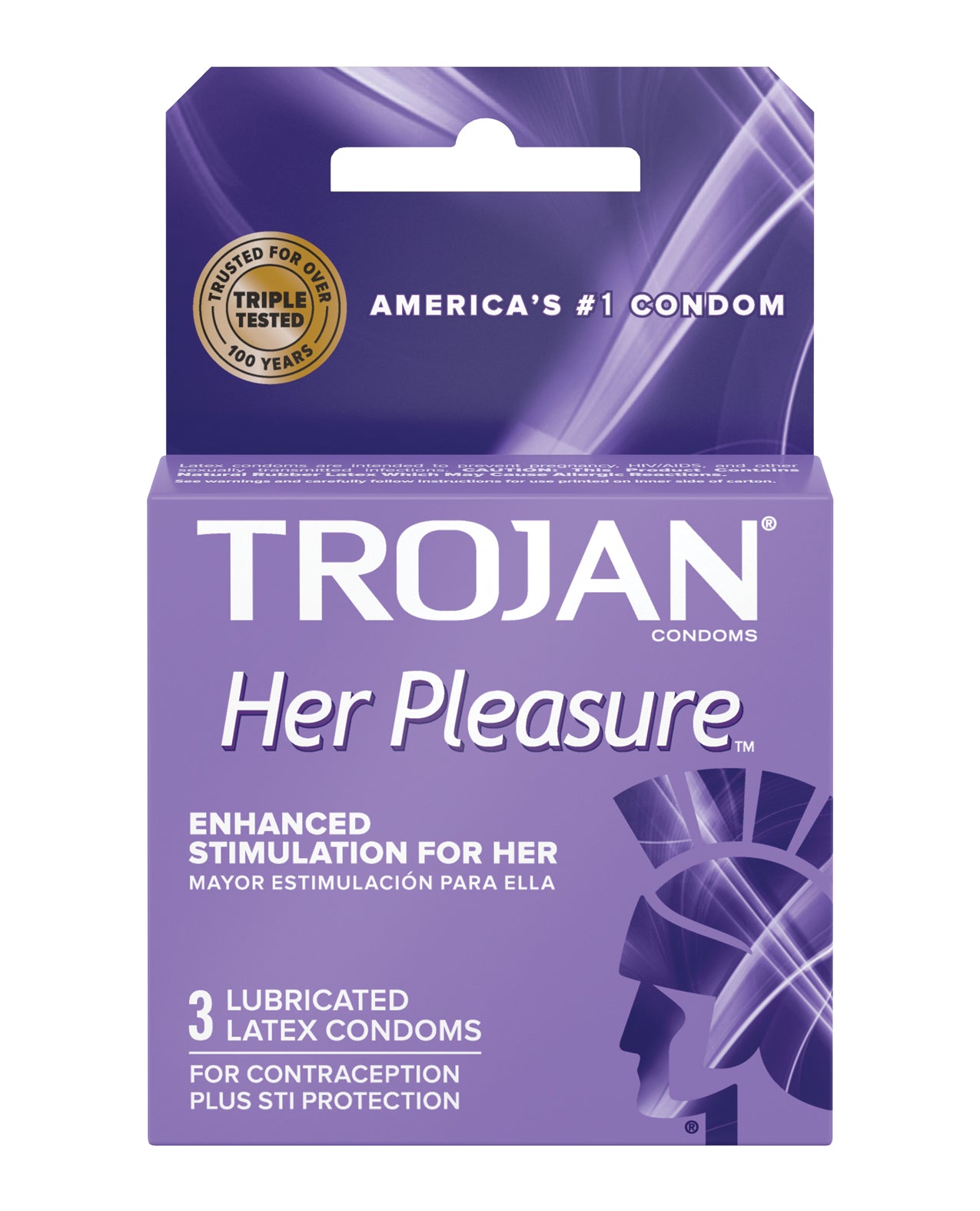 Trojan Her Pleasure Box 3 condoms with premium lubricant for enhanced female pleasure, featuring a smooth and bulbous design.