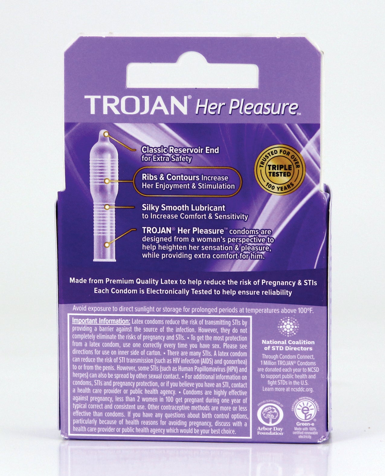 Trojan Her Pleasure Box 3 condoms with premium lubricant for enhanced female pleasure, featuring a smooth and bulbous design.