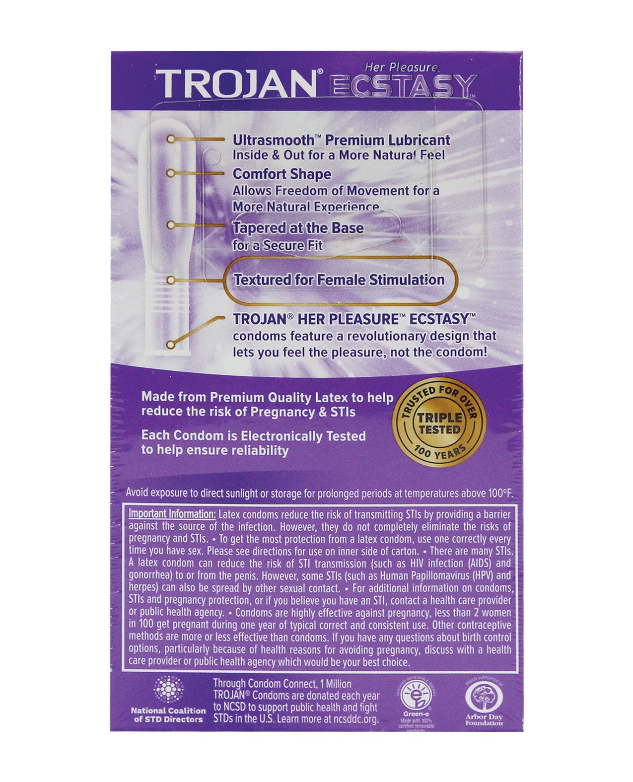 Trojan Her Pleasure Ecstasy Box 10 condoms, featuring ribbed texture and premium lubrication for enhanced female pleasure.