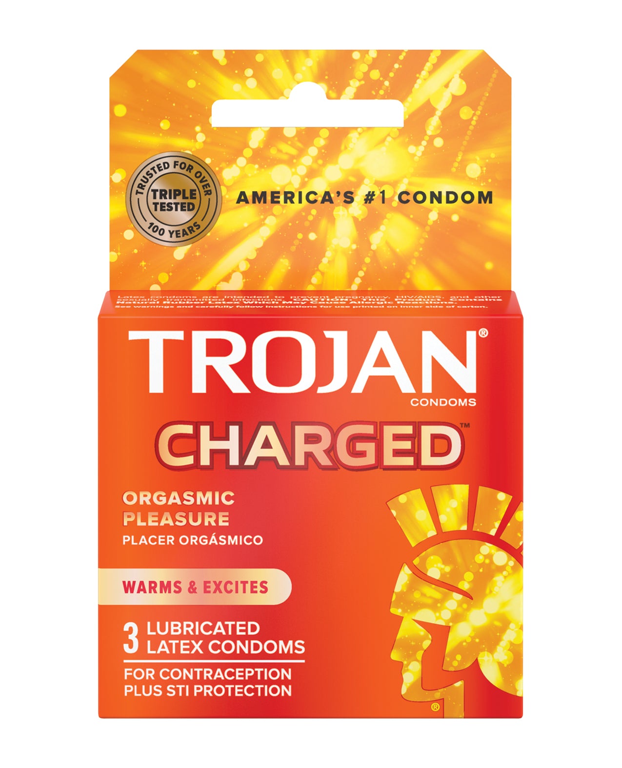 Trojan Intensified Charged Box 3 condoms with deep ridges and intensified lubricant for enhanced pleasure.